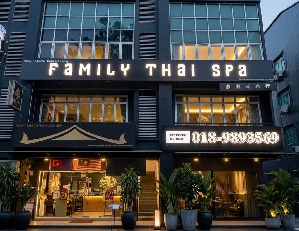 Family Thai Spa storefront at night with illuminated signage and glass entrance doors