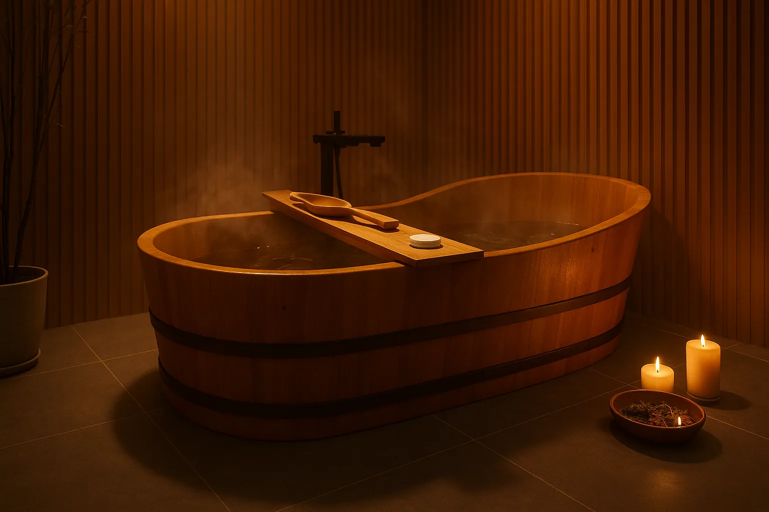 Wooden spa tub with candles and wooden paddles in a candlelit treatment room