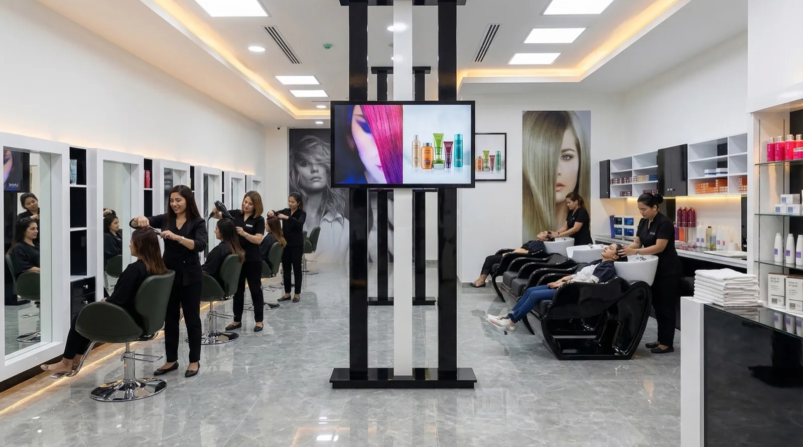 Hair salon interior with styling stations, mirrors, and beauty product displays