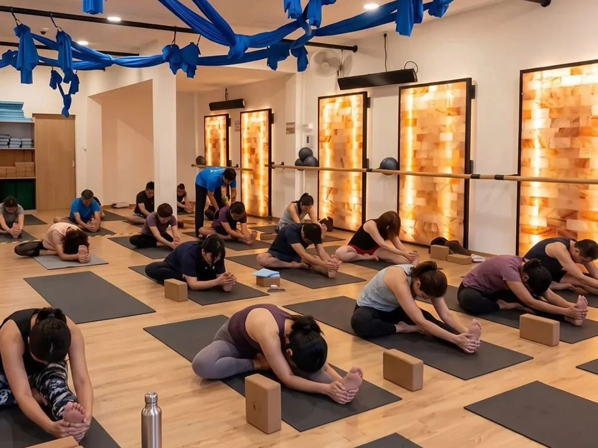 Yoga class with participants in forward fold pose on mats with instructor supervising