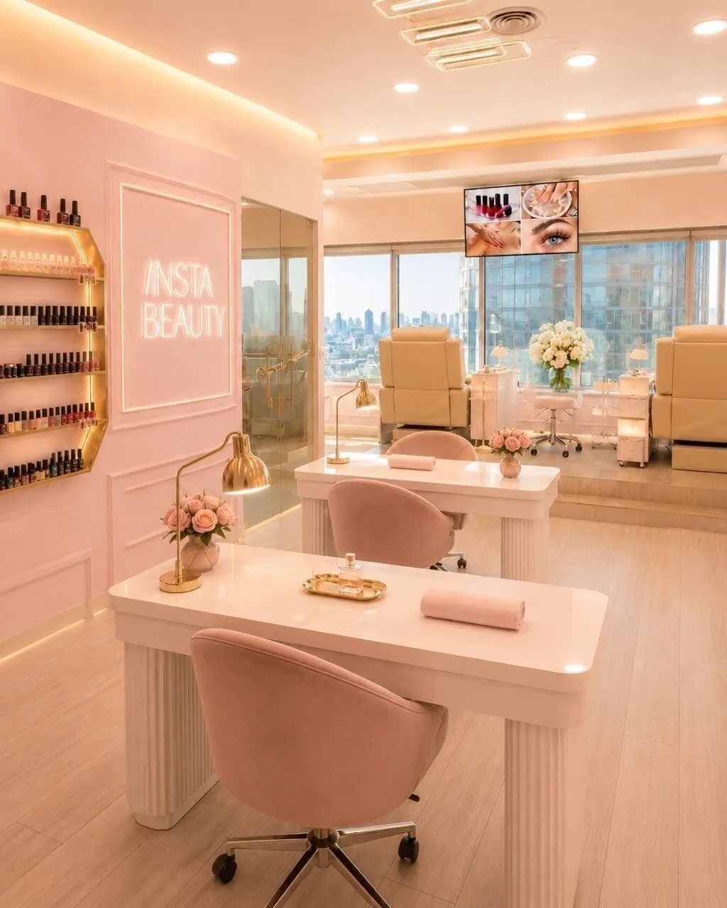 Luxury beauty salon with pink décor, manicure station, nail polish display, and high-rise city view