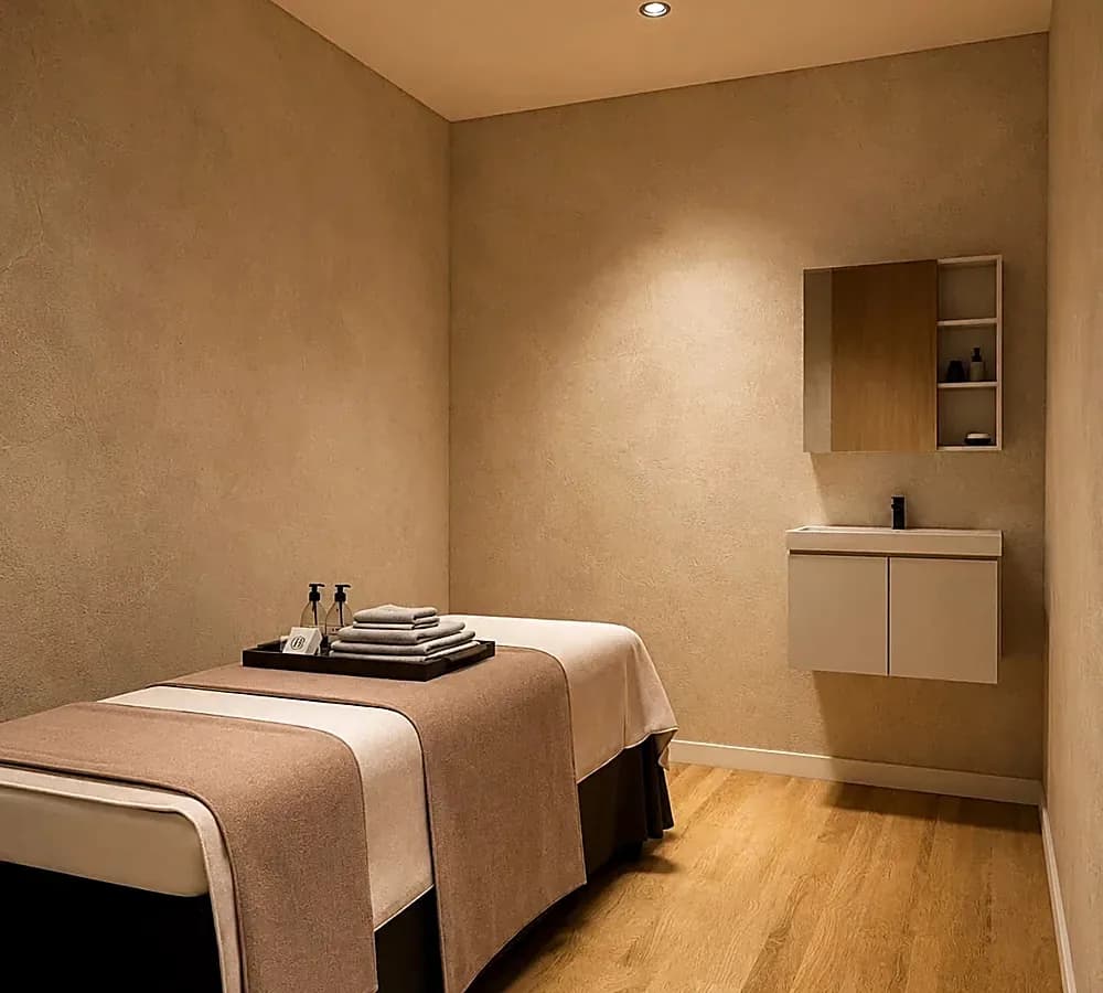 Spa treatment room with massage bed, product shelves, and sink area with warm neutral decor