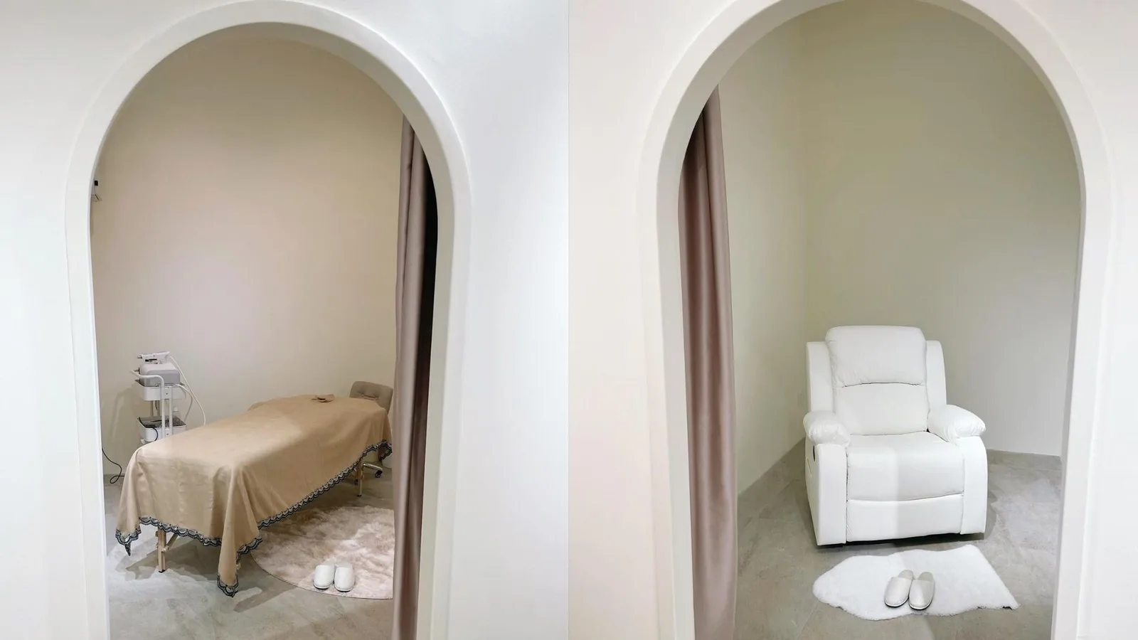 Spa treatment rooms with arched entrances, massage bed and reclining chair
