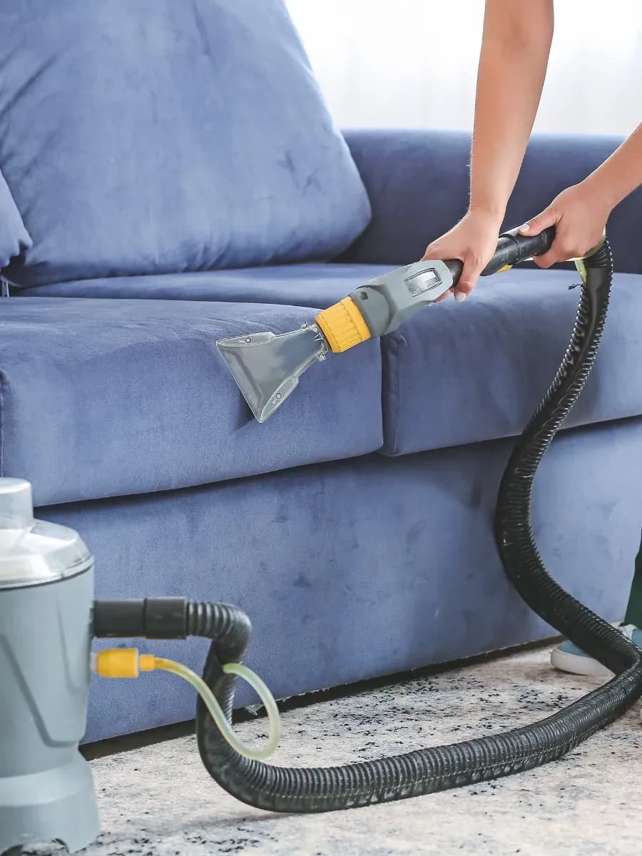 Upholstery cleaning service being performed on blue sofa with extraction equipment