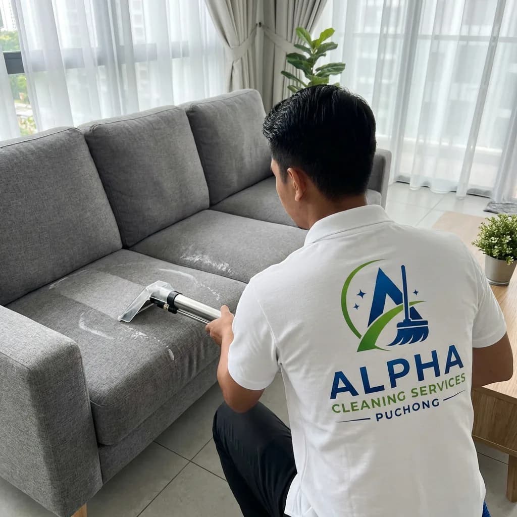 Worker in company uniform using extraction cleaning tool on gray sofa