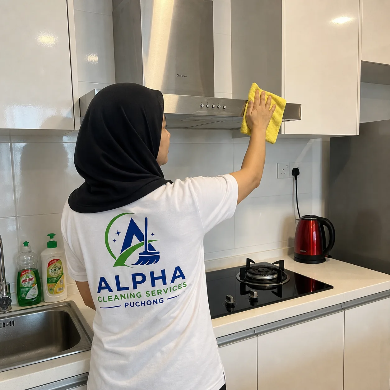 Cleaning worker in Alpha uniform wiping kitchen range hood with yellow cloth