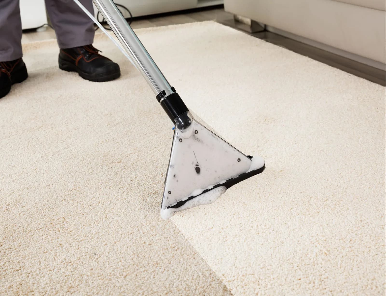 Worker operating carpet cleaning equipment on beige carpet indoors
