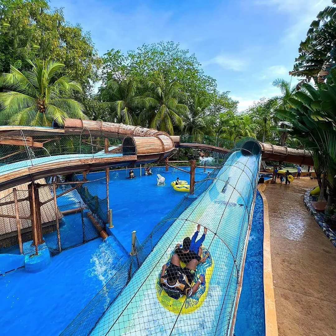 Water park with blue pools, wooden log rides, and tropical plants with visitors enjoying water attractions