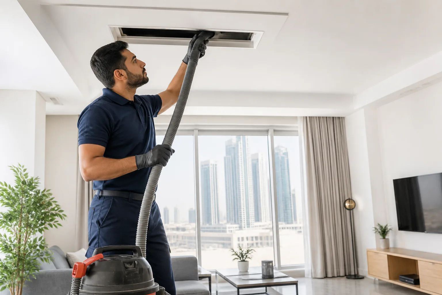 Cleaner in blue uniform cleaning ceiling vent with professional equipment in modern apartment