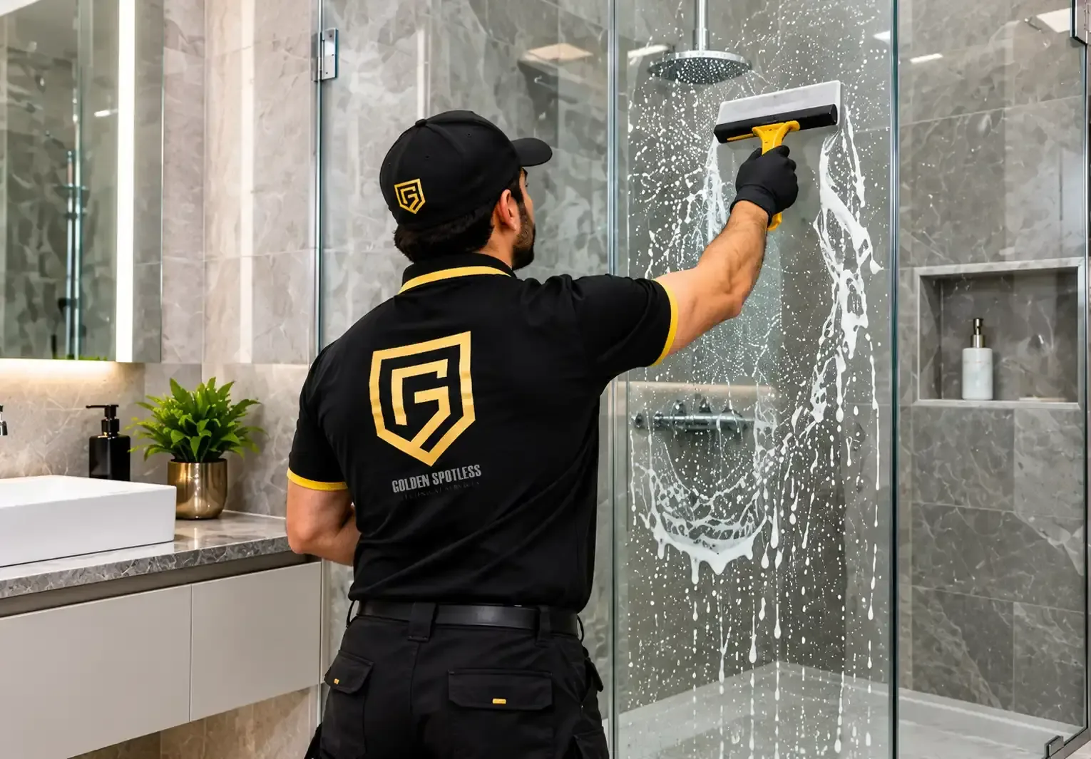 Worker in Golden Spotless uniform cleaning a glass shower door with a squeegee in a modern bathroom