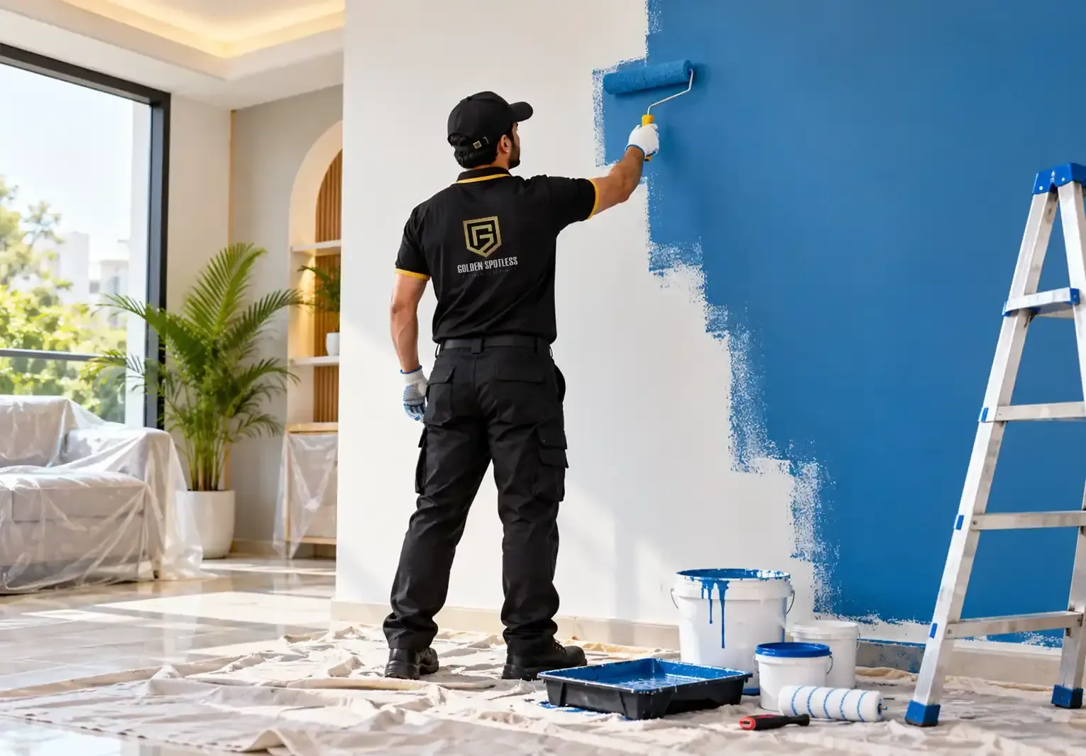 Painter in black uniform applying blue paint to wall with roller in modern home interior