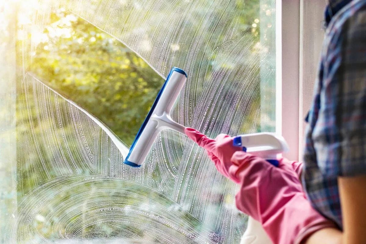 Worker cleaning a window with a squeegee and pink gloves