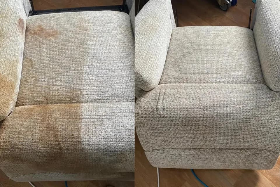 Before and after chair cleaning showing stain removal from upholstered furniture