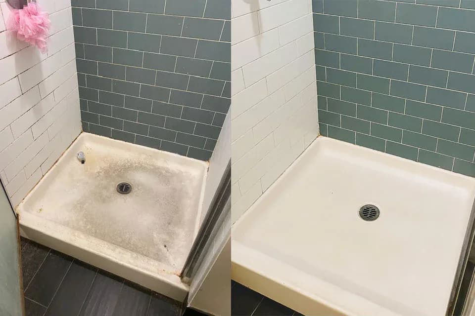 Before and after shower cleaning: left shows stained base, right shows spotless cleaned base