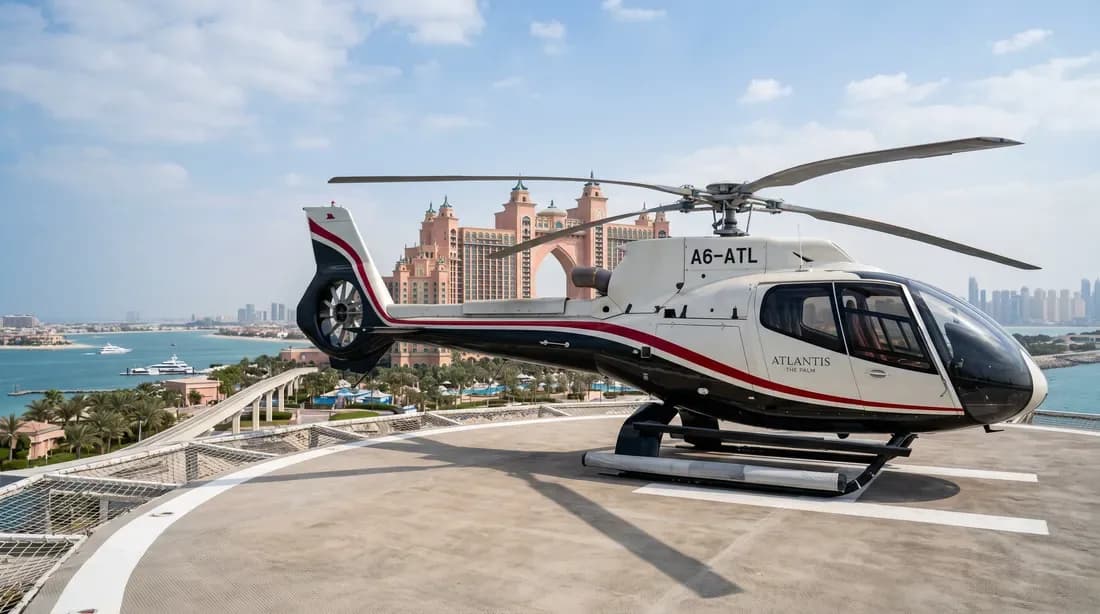 Helicopter on rooftop helipad with Atlantis hotel and Dubai skyline behind
