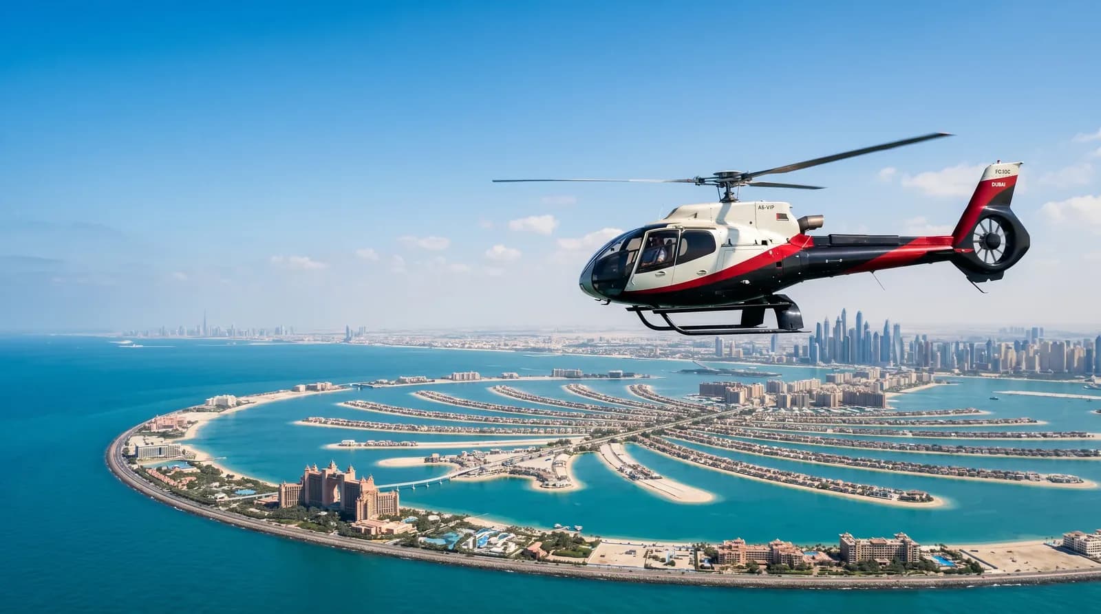 Helicopter tour flying above Palm Jumeirah island with Dubai skyline visible beyond