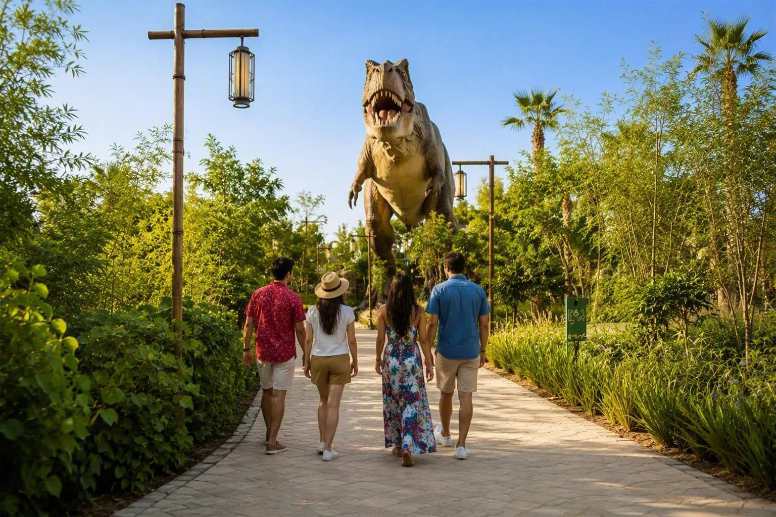 Visitors walking toward a large dinosaur statue along a tree-lined pathway in a themed garden.