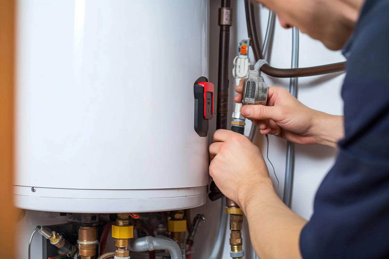 Technician working on water heater connections and valves