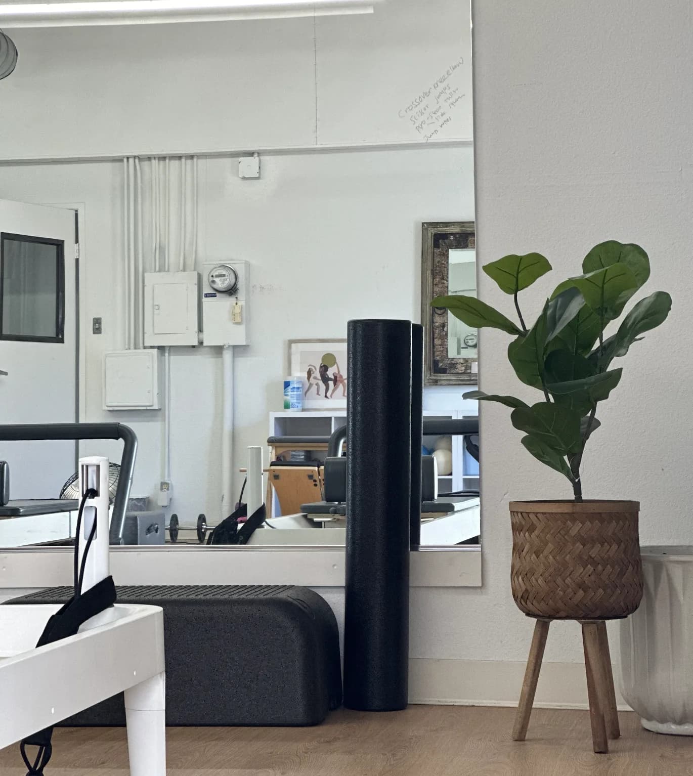 Bright fitness studio interior with mirrored wall, desk workspace, and green plant in woven pot