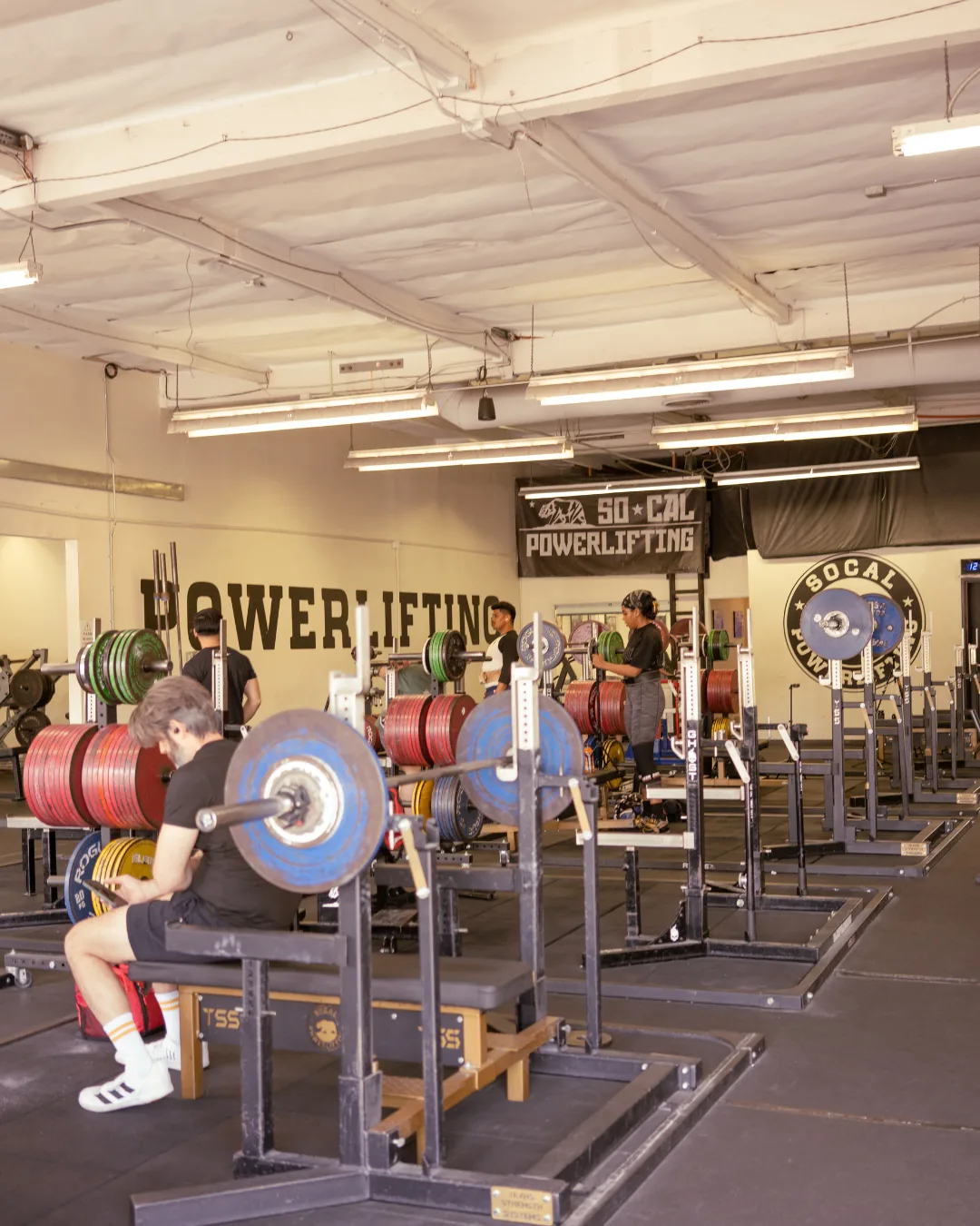 Powerlifters training at squat racks with loaded barbells in a well-lit gym facility