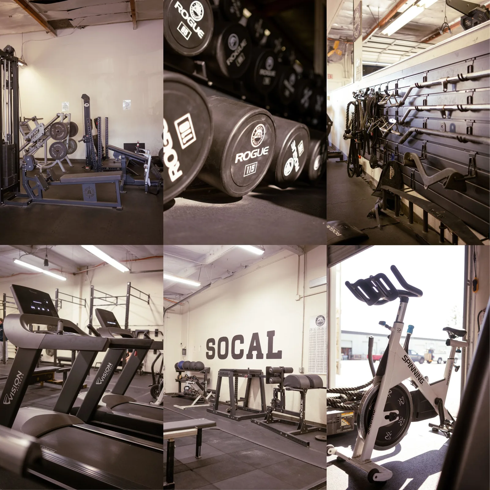 SoCal Powerlifting gym interior with weights, cardio equipment, and exercise bikes.