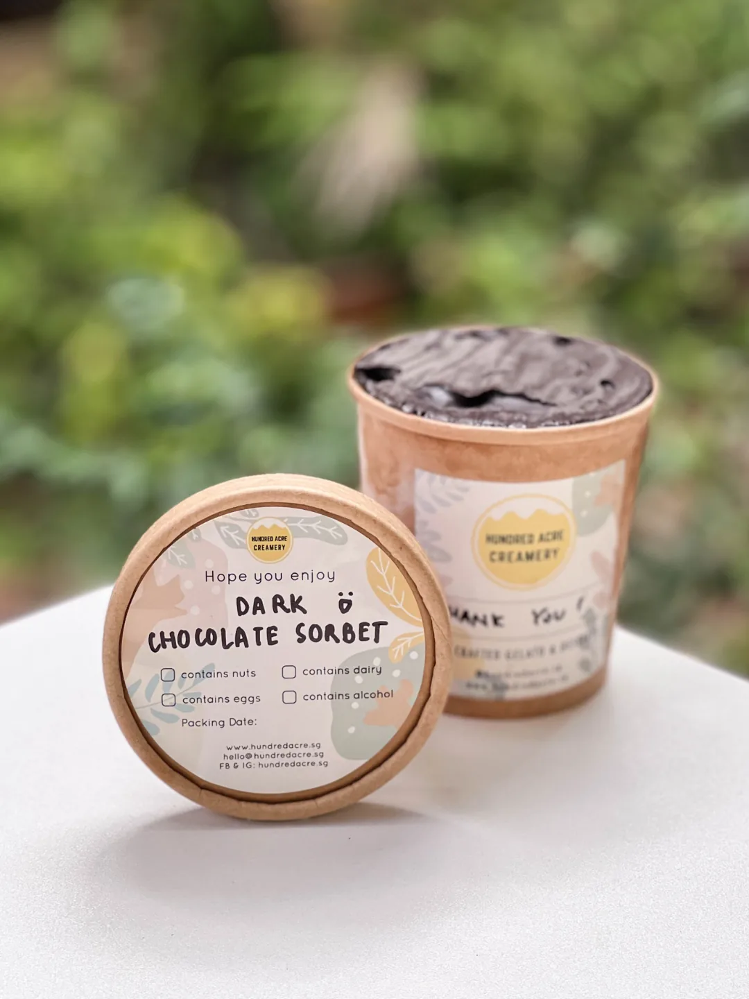 Two gelato cups from Hundred Acre Creamery, one labeled dark chocolate sorbet with allergen checkboxes