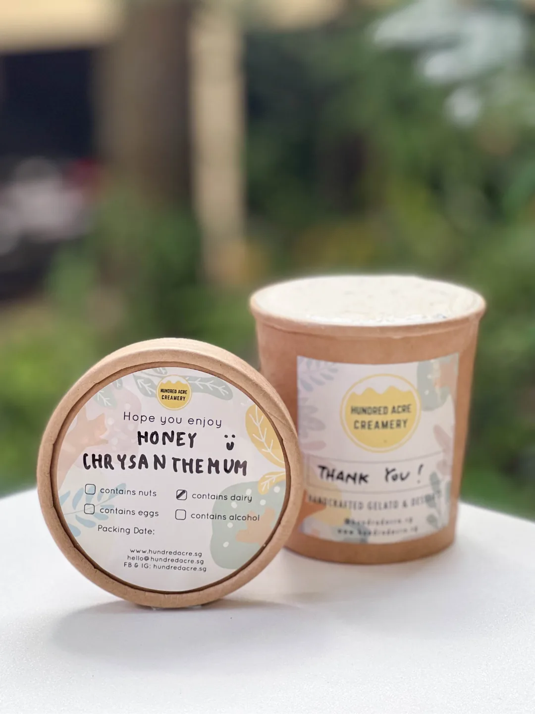 Two Hundred Acre Creamery ice cream containers in tan packaging with product labels, displayed outdoors with green foliage behind.