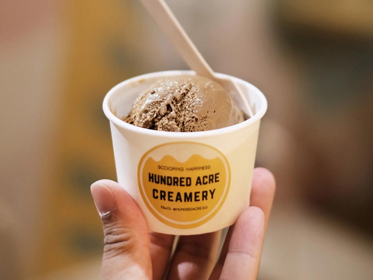 Coffee gelato in a white cup with Hundred Acre Creamery branding, held in hand with wooden spoon
