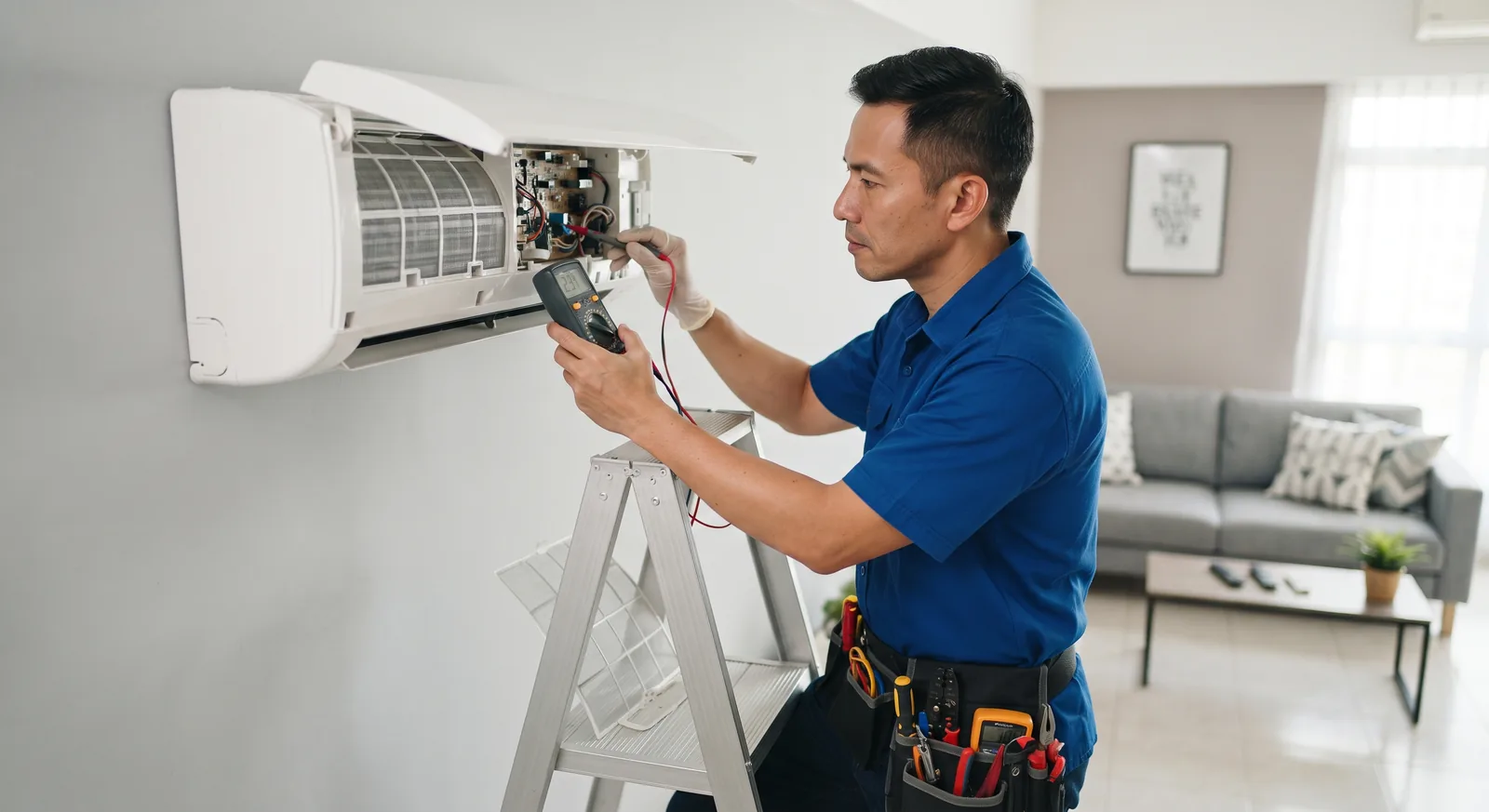 Technician servicing air conditioner unit with diagnostic tool while standing on ladder