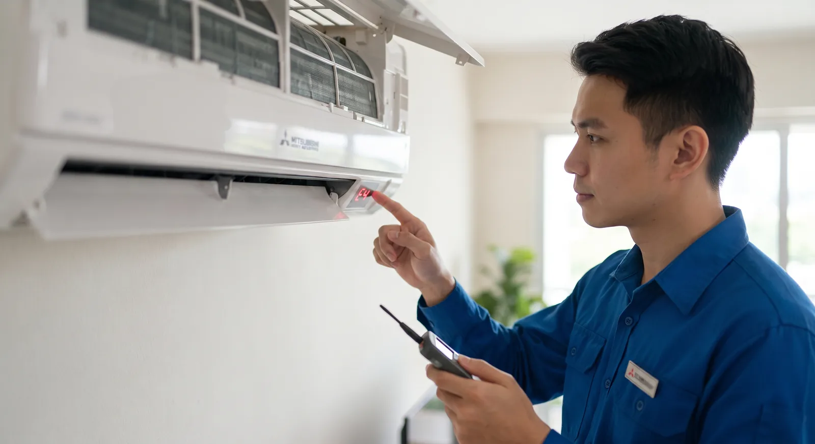 Technician servicing an indoor air conditioning unit with tools in hand