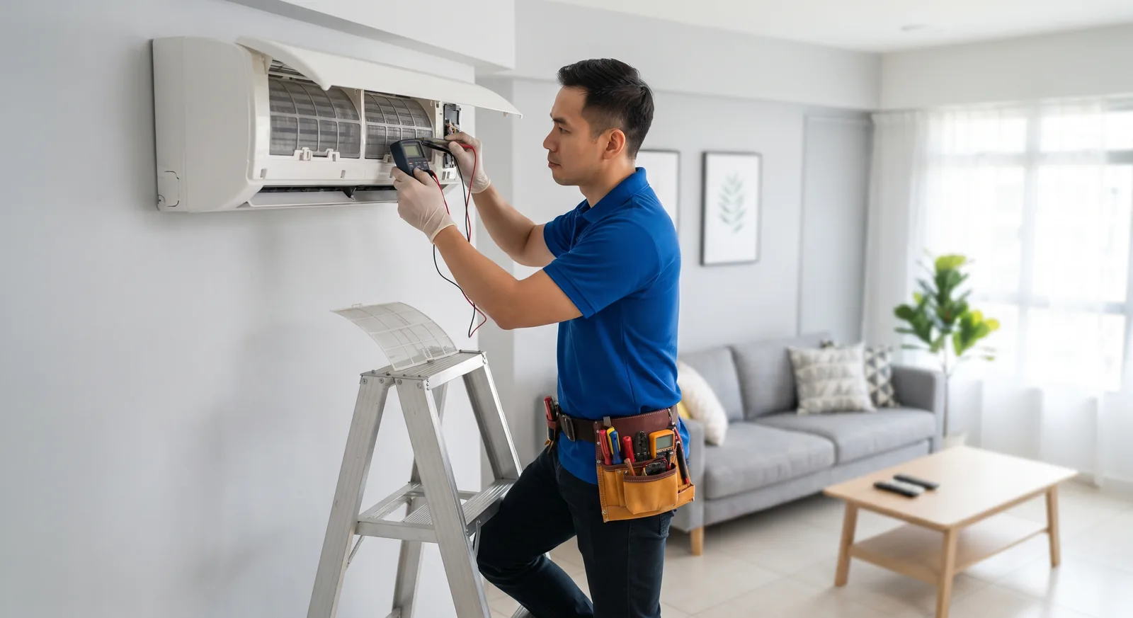 Technician servicing wall-mounted air conditioner unit in residential room