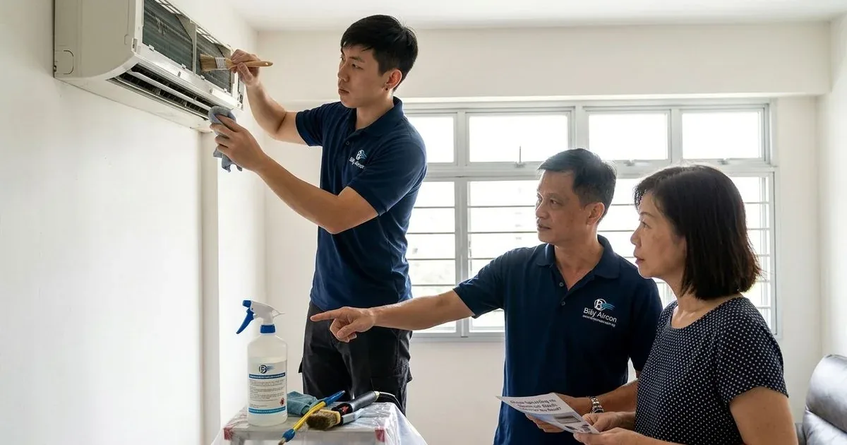 AC technician demonstrates unit maintenance to customer with colleague present