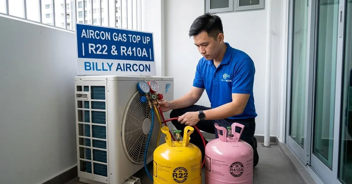 Technician servicing air conditioning unit with R22 and R410A refrigerant cylinders
