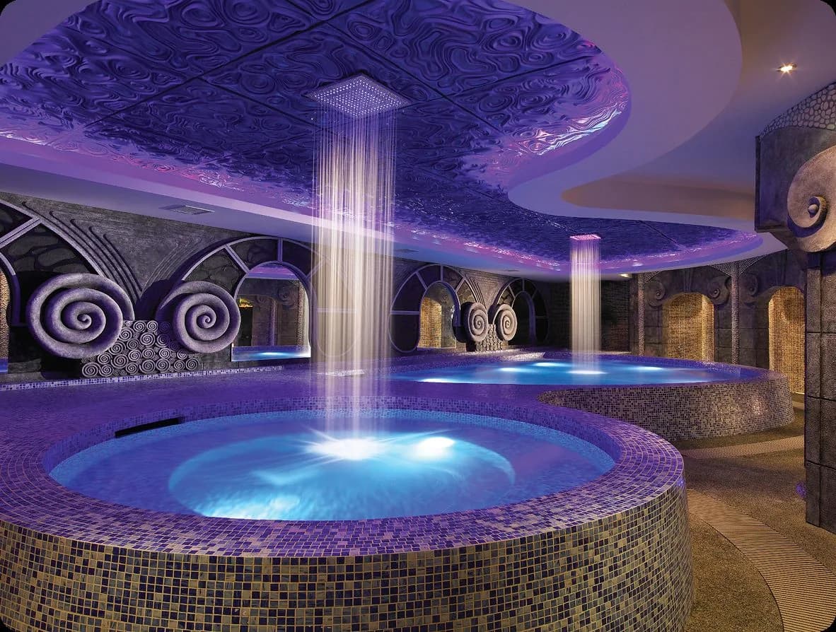 Spa pool area with purple lighting, rain showers, and ornate decorative walls