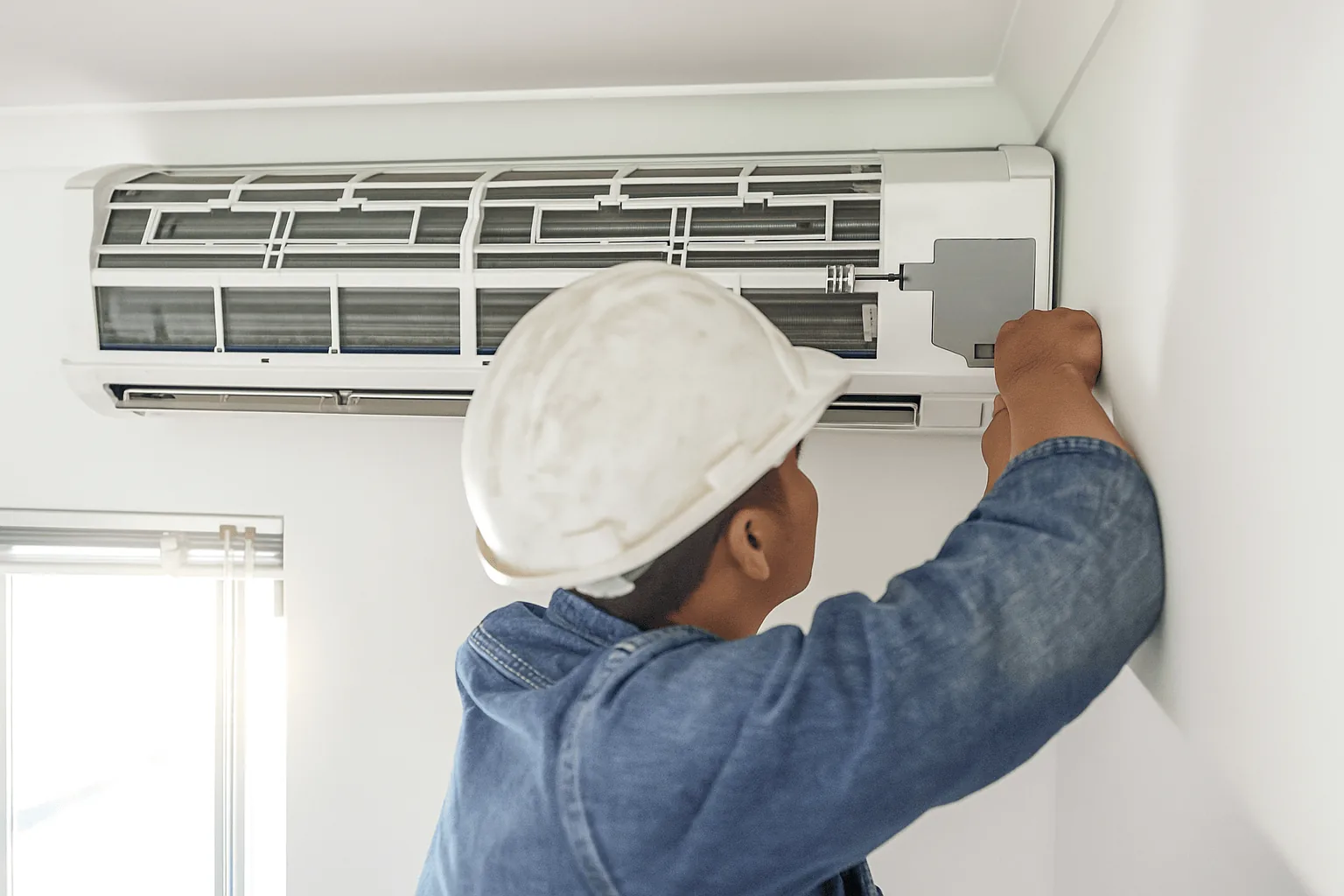 Technician servicing wall-mounted air conditioning unit indoors
