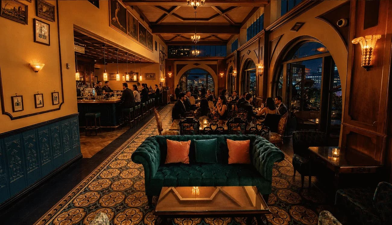 Elegant restaurant interior with green velvet seating, bar, and city skyline views through arched windows