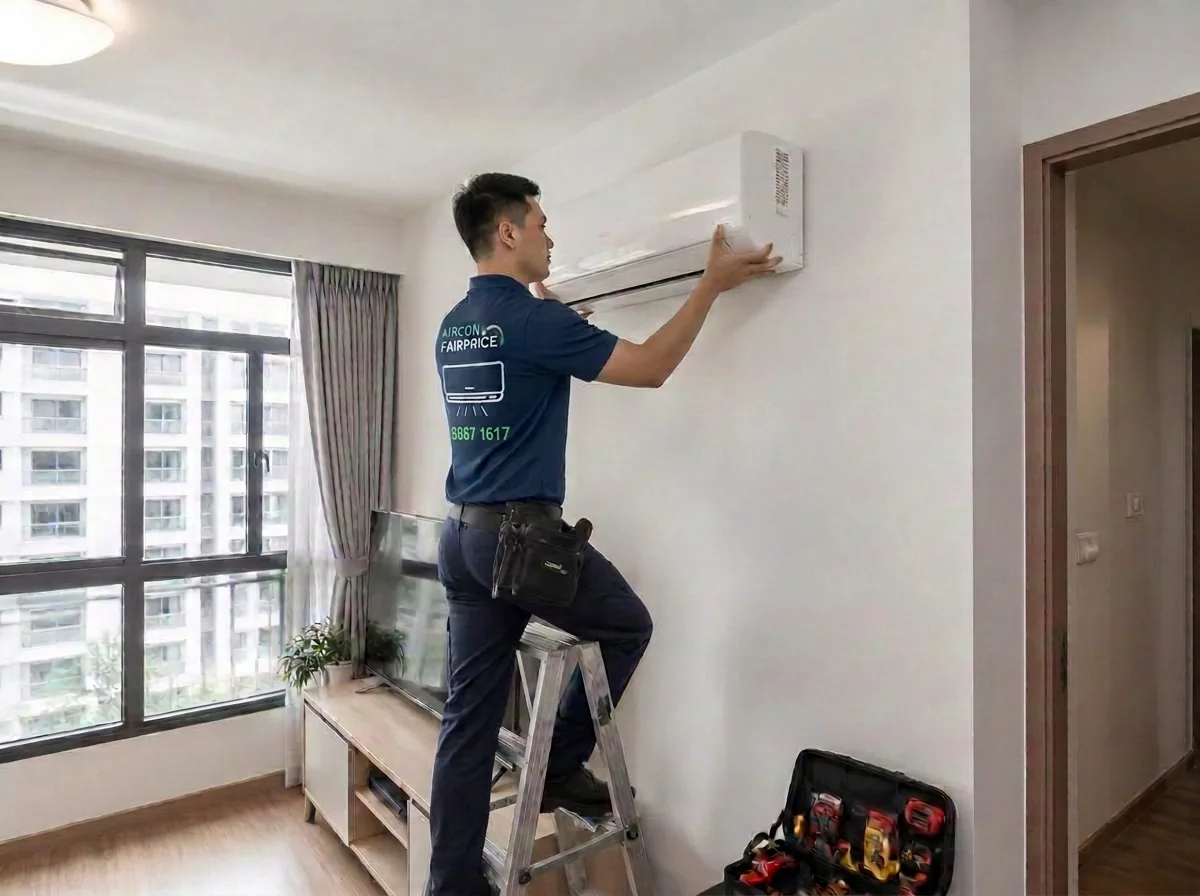 Technician on ladder servicing wall-mounted air conditioner unit in apartment