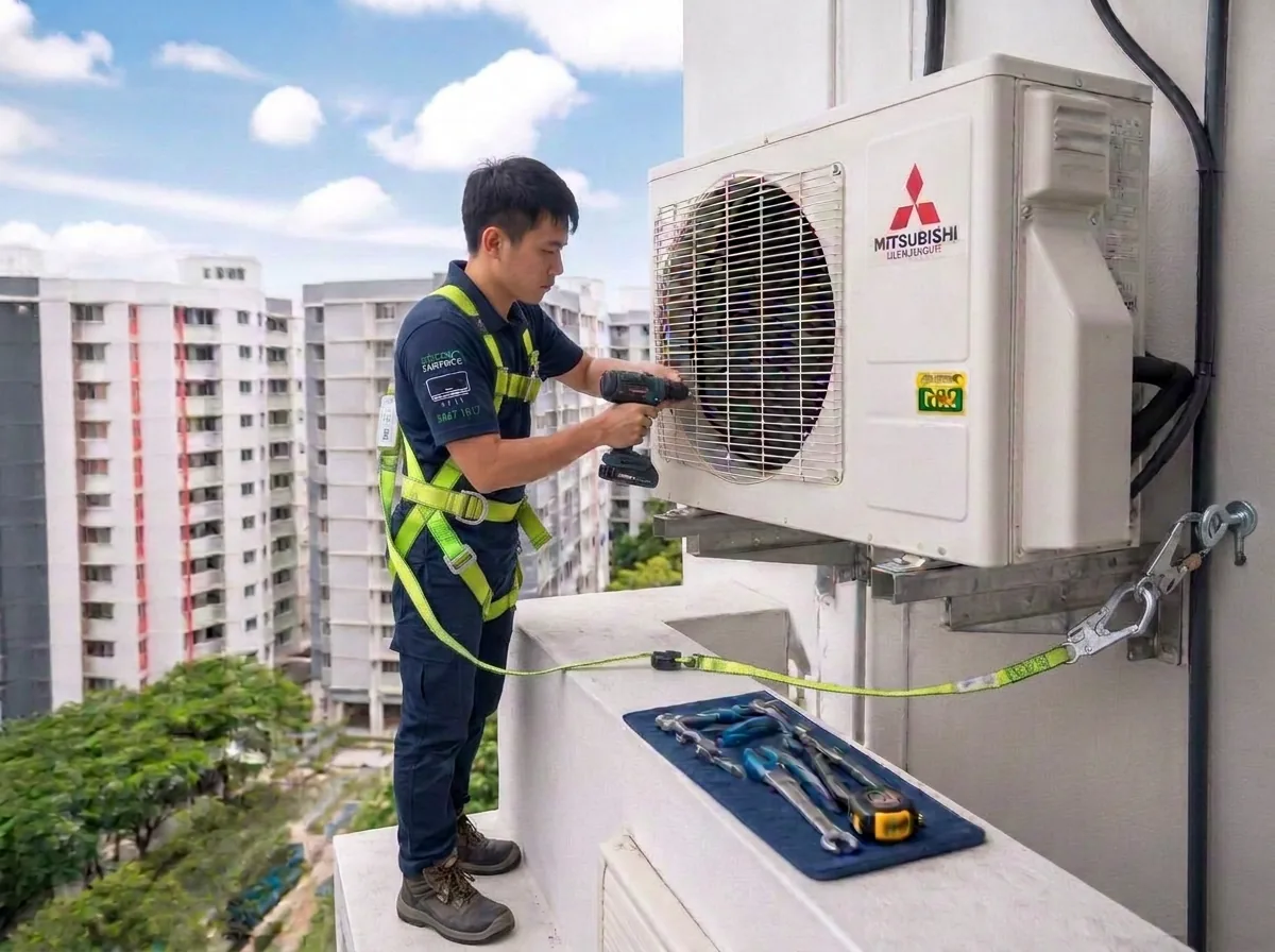 Technician servicing Mitsubishi aircon unit on residential building exterior