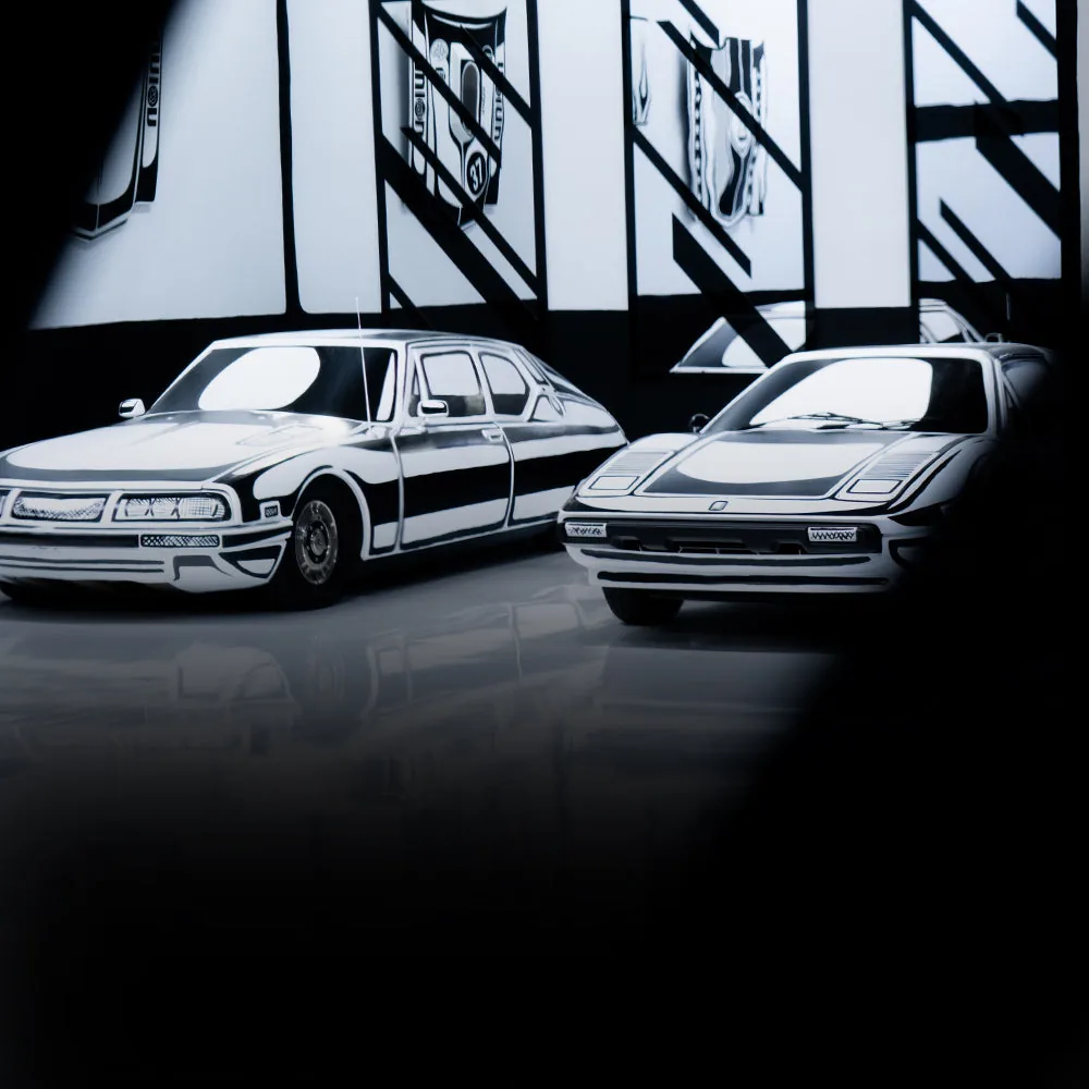 Classic cars on display in modern museum gallery with dramatic black and white walls