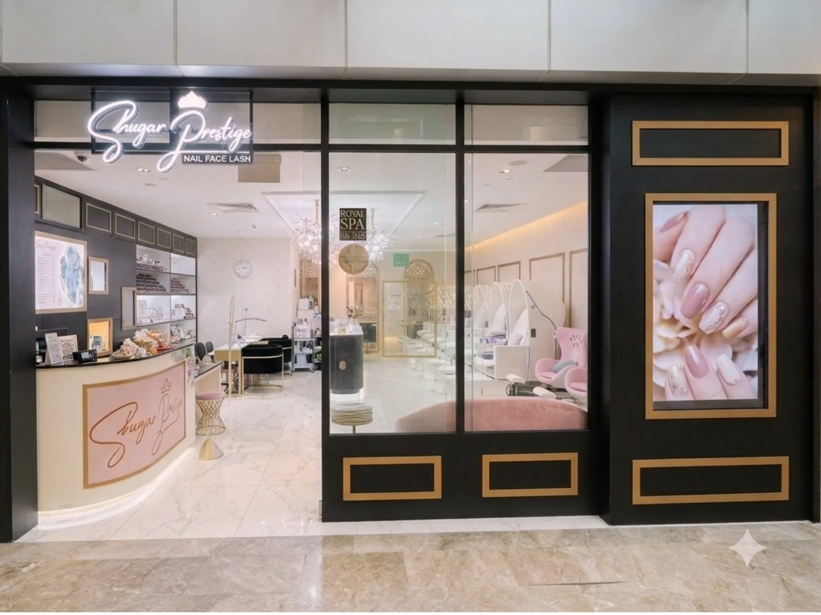 Shugar Prestige salon storefront with white marble flooring, gold accents, and nail art display window