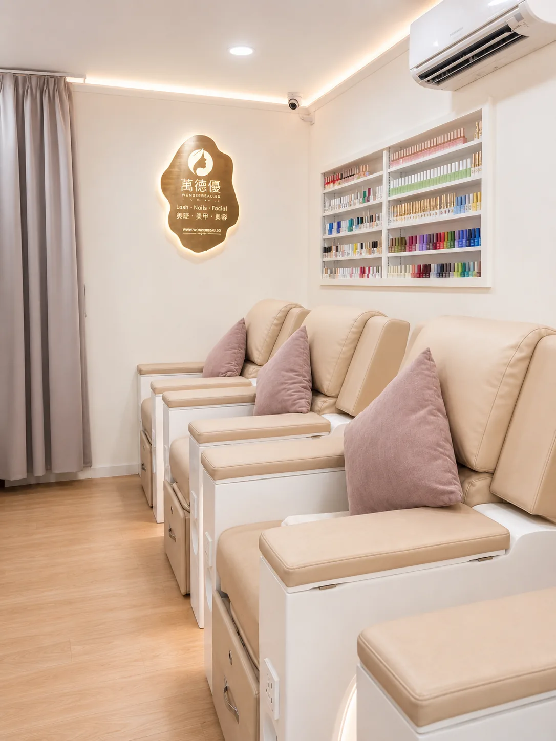 Salon interior with pedicure stations, nail polish display shelves, and modern lighting