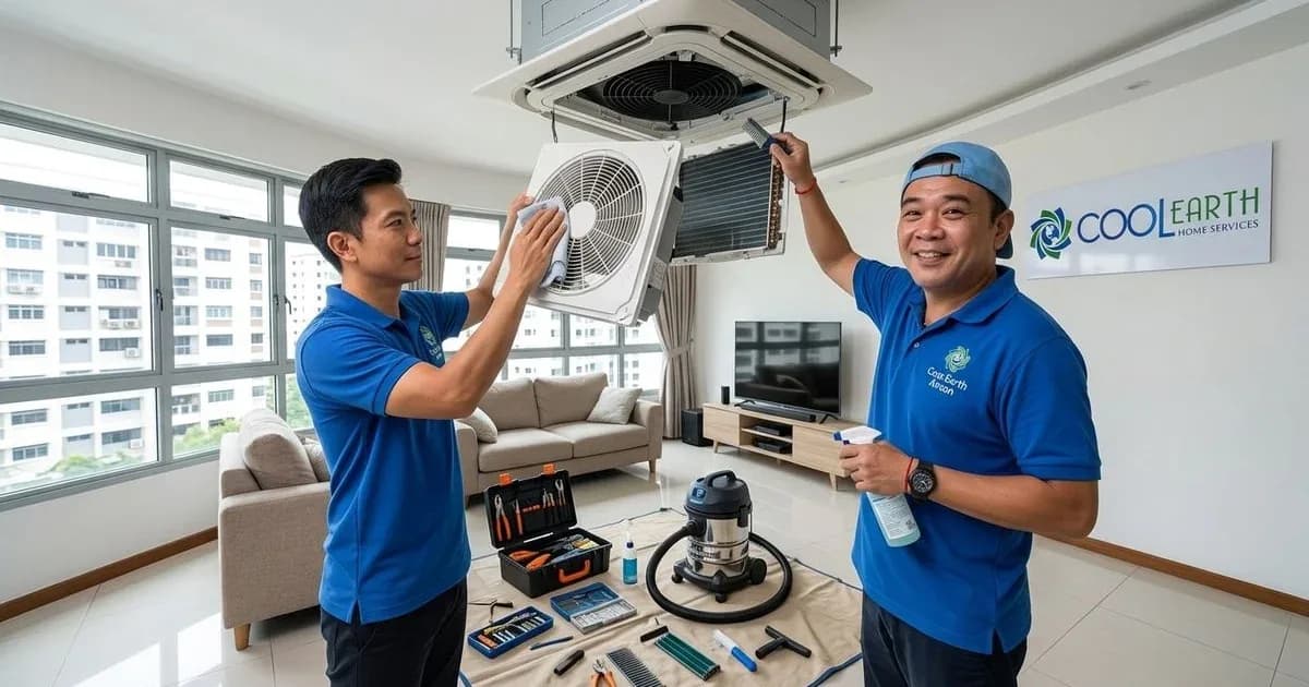 Two AC technicians service a ceiling air conditioner unit in a modern apartment living room.