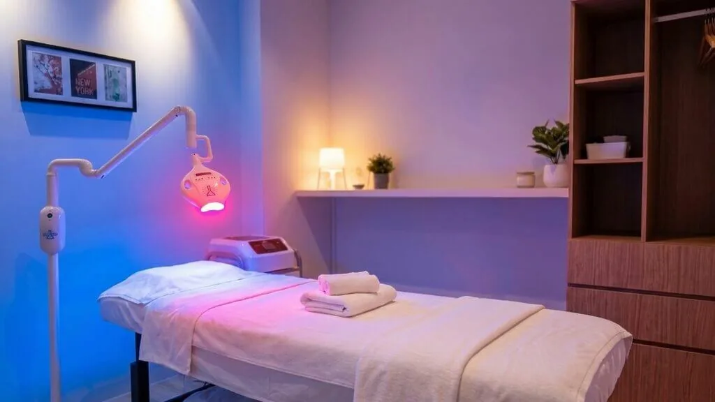 Modern spa treatment room with neon lighting, treatment bed, and wooden shelving
