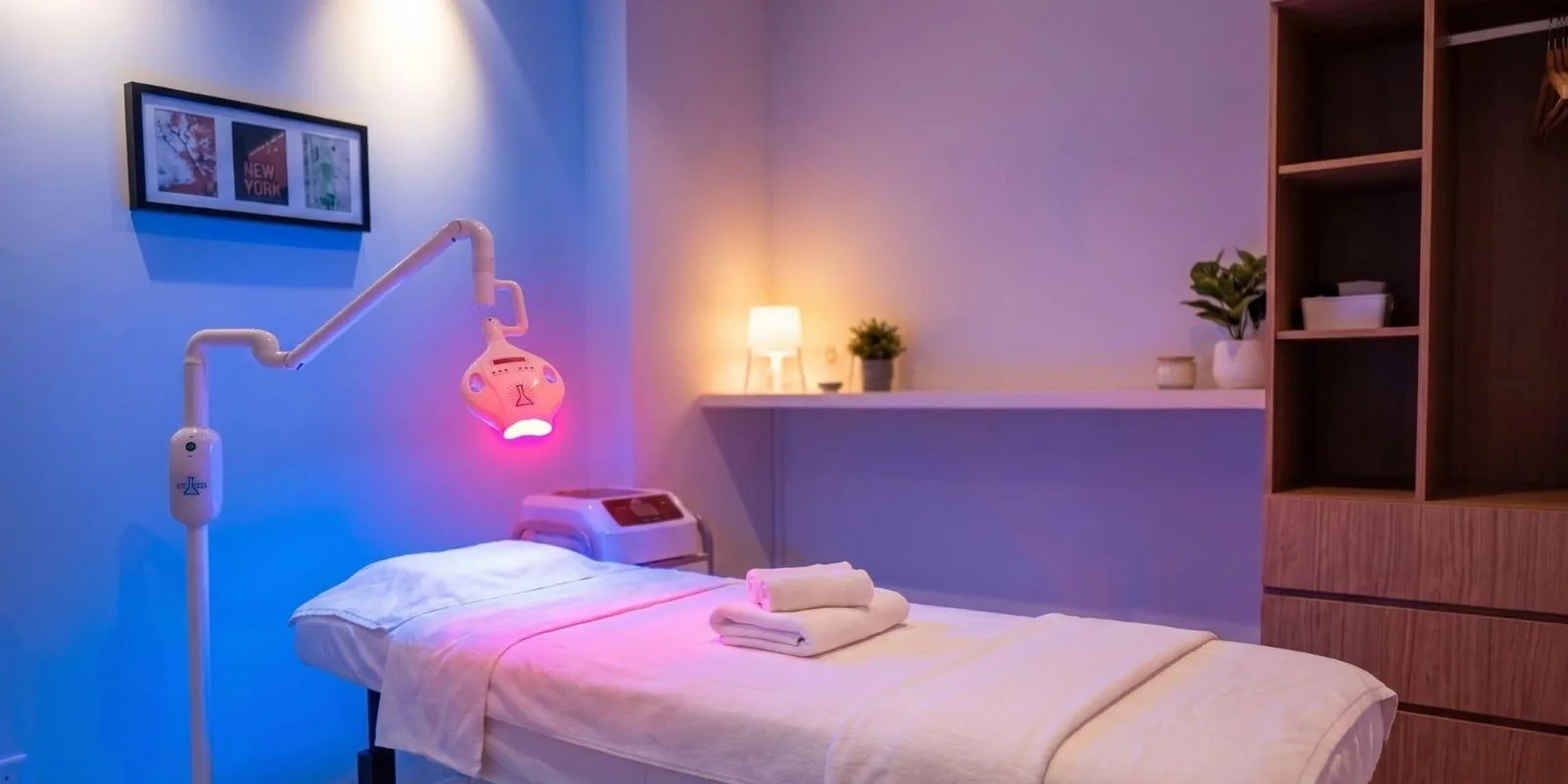 Modern spa treatment room with bed, overhead lighting equipment, and contemporary decor under blue and pink lighting