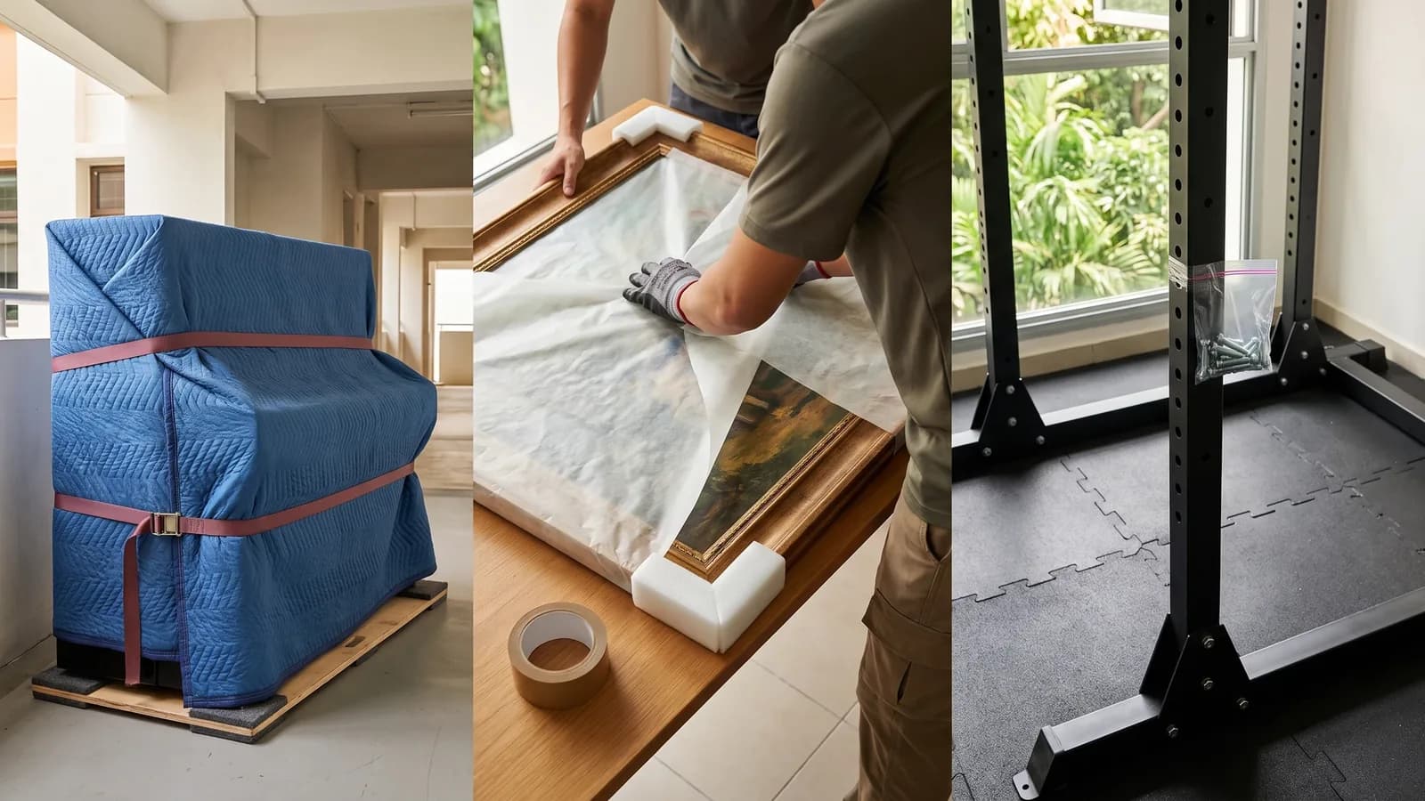 Movers wrapping furniture and protecting items during a house move with protective materials