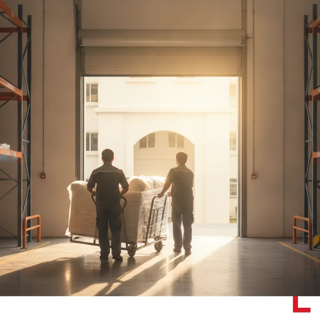 Workers moving furniture on a dolly in a bright warehouse with shelving units on either side