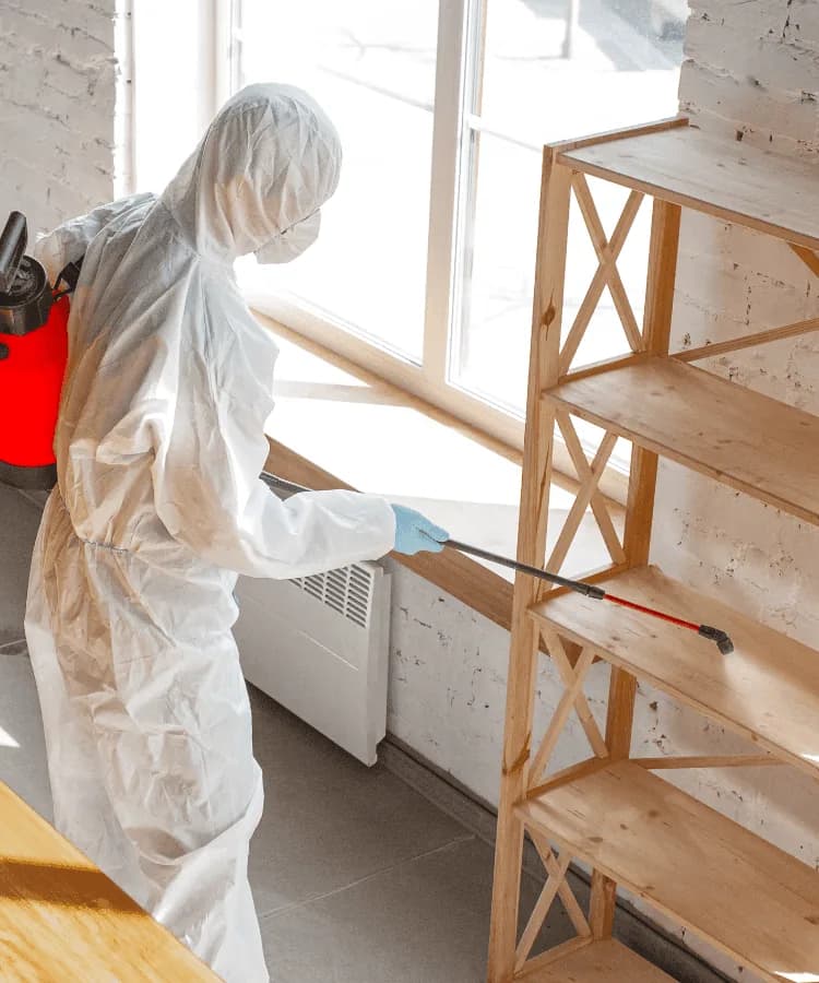 Pest control technician in protective suit treating wooden shelves and walls