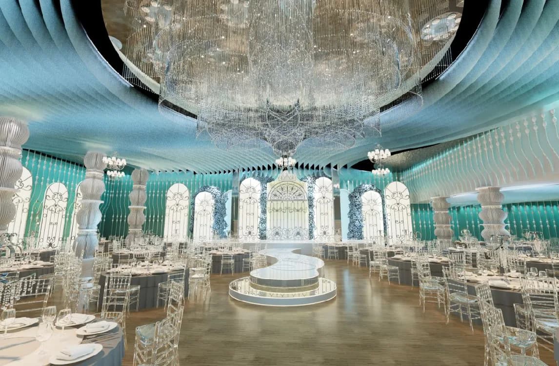 Luxurious ballroom with turquoise ceiling, ornate columns, chandelier, and round dining tables