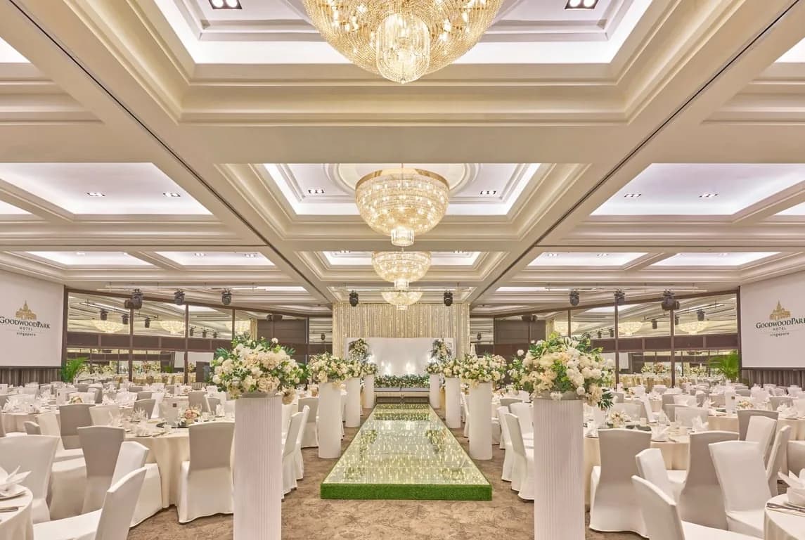 Luxury wedding ballroom with crystal chandeliers, white table settings, and floral centerpieces