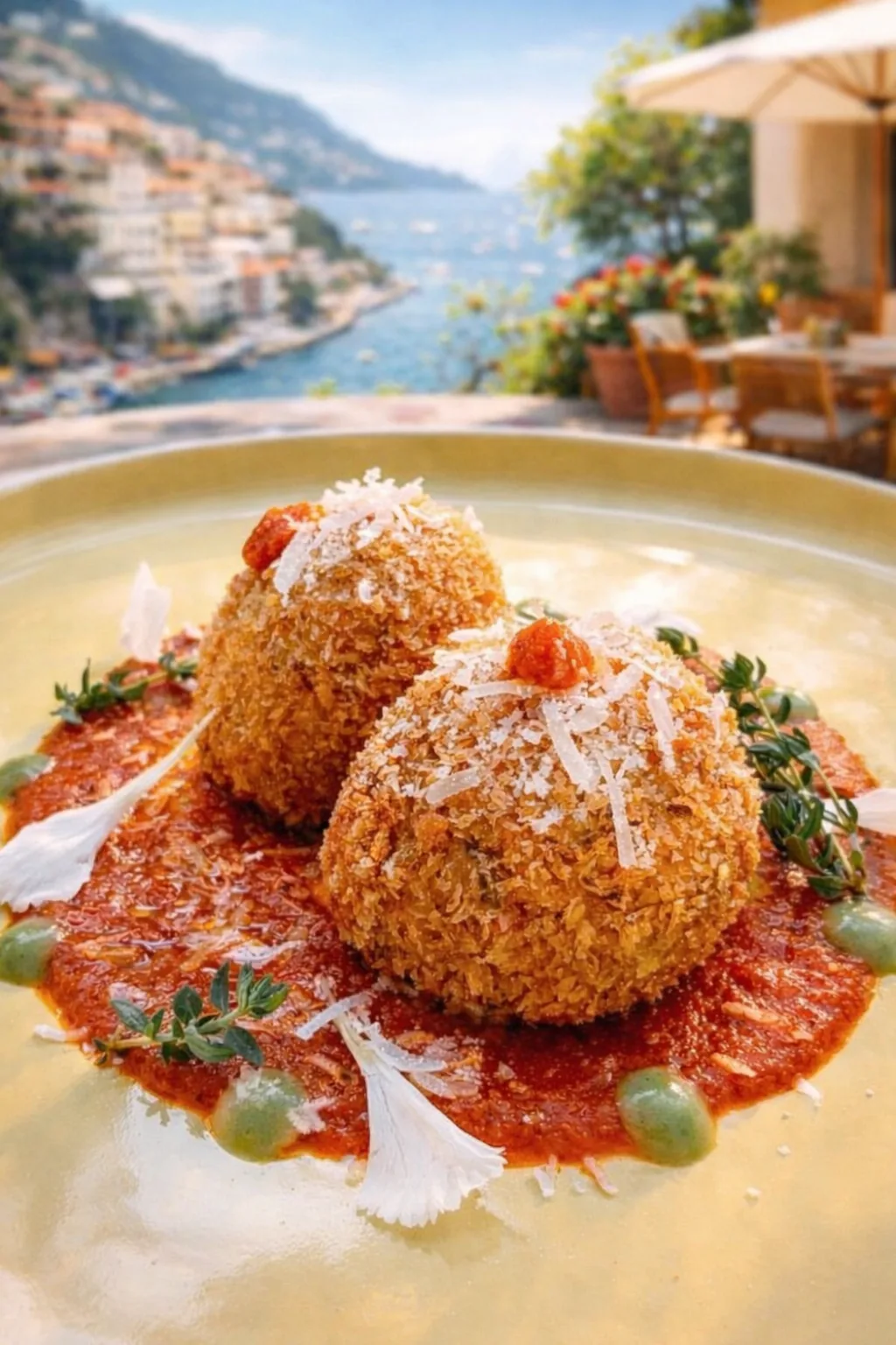 Golden fried arancini on creamy sauce with herbs, set against Mediterranean bay views